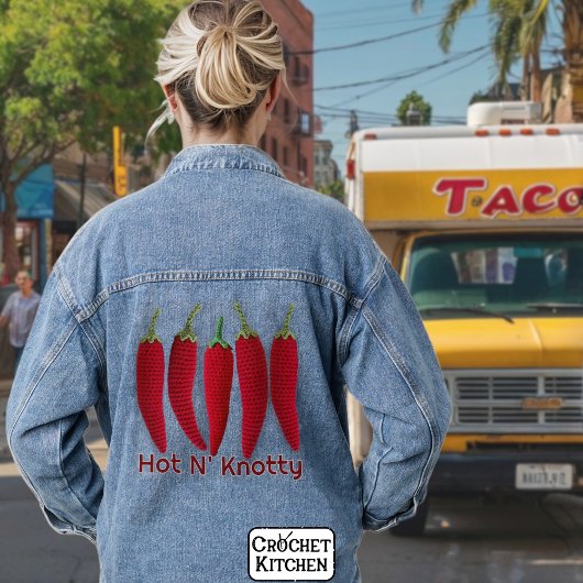 スパイシーおもしろいレッドクロシェJalapenoクニティングプン デニムジャケット
