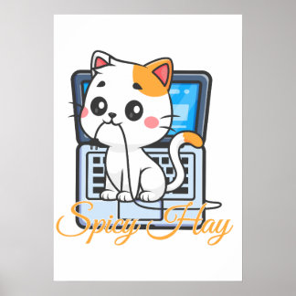 スパイシーヘイをかじる面白い猫のかわいいアート ポスター