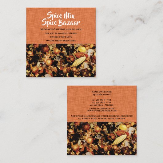 スパイスの組合せの写真のオレンジ白くモダンな上品 スクエア名刺 (正面/裏面)