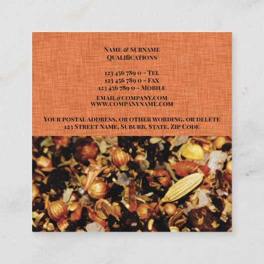 スパイスの組合せの写真のオレンジ白くモダンな上品 スクエア名刺 (裏面)