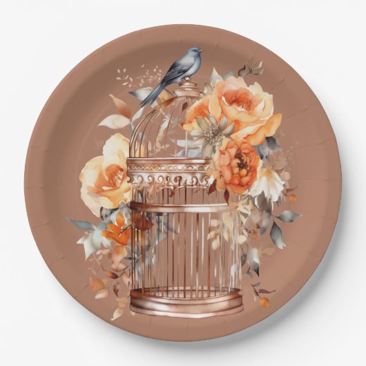 スパイスシダーオレンジ金ゴールドブルーバードケージ ペーパープレート (正面)