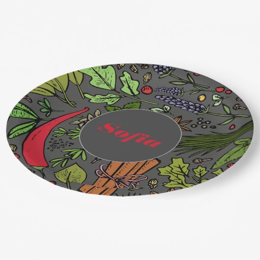 スパイスパターン名前をカスタムするグレー紙プレート ペーパープレート (アングル)