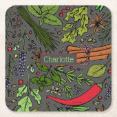 スパイスパターン名前をカスタムするグレー スクエアペーパーコースター (正面)