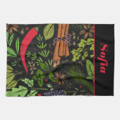 スパイスパターン名前をカスタムするブラック キッチンタオル (横)