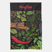 スパイスパターン名前をカスタムするブラック キッチンタオル (縦)