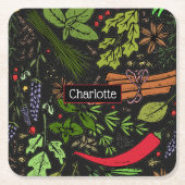 スパイスパターン名前をカスタムするブラック スクエアペーパーコースター (正面)