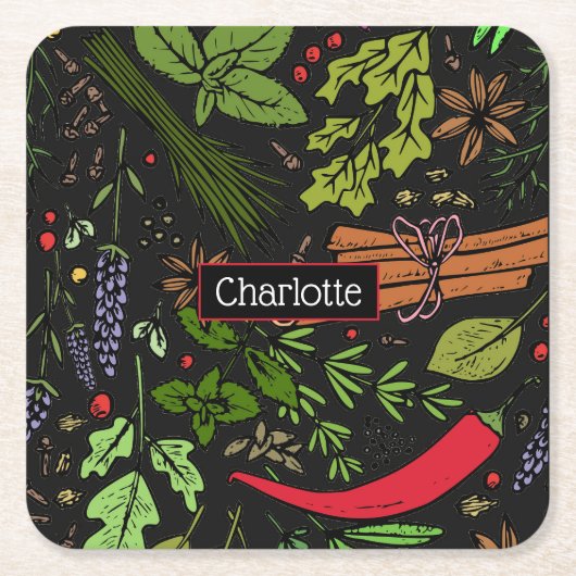 スパイスパターン名前をカスタムするブラック スクエアペーパーコースター (正面)