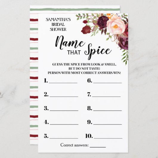 スパイスマルサラ花ブライダルシャワーゲーム (正面/裏面)