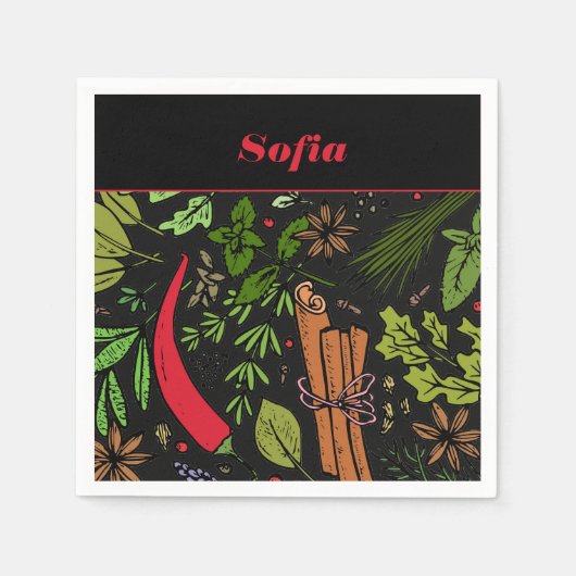 スパイス唐辛子パターン名ブラック スタンダードカクテルナプキン (正面)