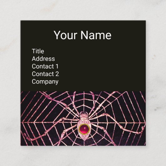 スパイダーとくもの巣ピンク明るい赤紫色ルビージェムストーンブラック スクエア名刺 (正面)