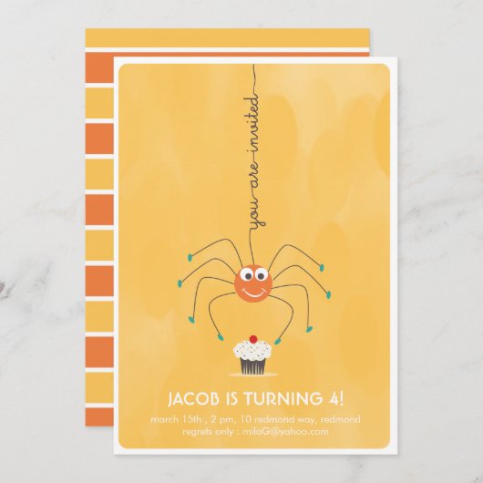 スパイダーとカップケーキの誕生日パーティーへの招待 招待状 (正面/裏面)