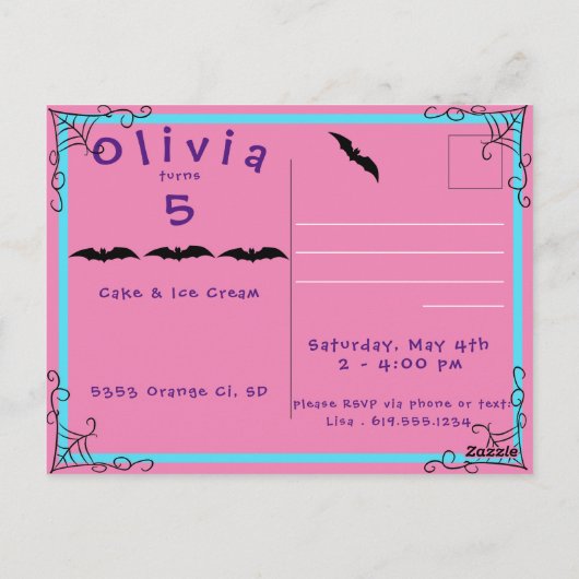 スパイダーウェブとコウモリの誕生日パーティー招待状ポストカード ポストカード (裏面)