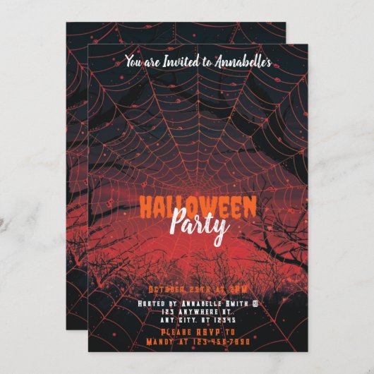 スパイダーウェブオレンジピンクサンセットハローウィンパーティ 招待状 (正面/裏面)