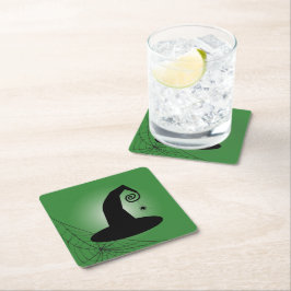 スパイダーウェブグリーン紙コースター付き魔女の帽子 スクエアペーパーコースター