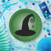 スパイダーウェブグリーン紙プレート付き魔女の帽子 ペーパープレート (パーティー)