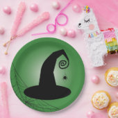スパイダーウェブグリーン紙プレート付き魔女の帽子 ペーパープレート (パーティー)
