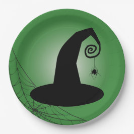 スパイダーウェブグリーン紙プレート付き魔女の帽子 ペーパープレート