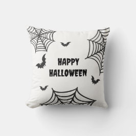 スパイダーウェブコウモリの黒と白のハッピー ハロウィン クッション