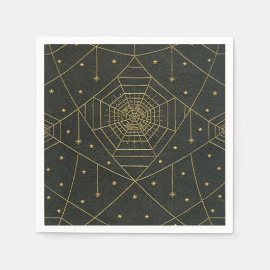 スパイダーウェブスパイダースターブラックと金ゴールドヴィンテージ スタンダードカクテルナプキン (正面)