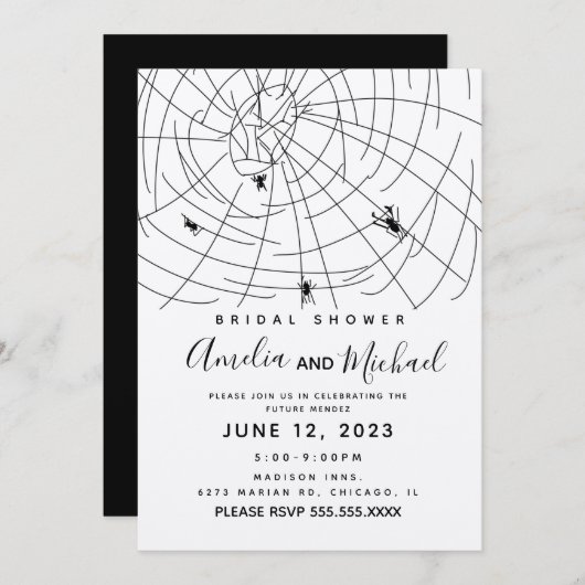 スパイダーウェブドードルイラストレーションブライダルシャワー 招待状 (正面/裏面)
