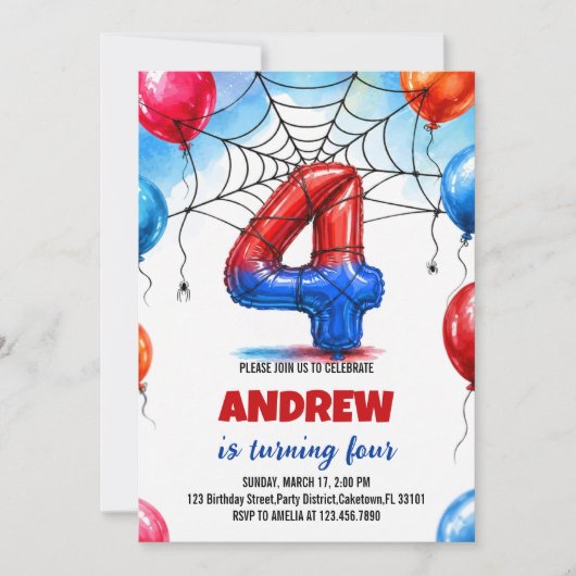 スパイダーウェブヒーロー 赤と青の風船 誕生日 招待状 (正面)