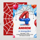 スパイダーウェブヒーロー 赤と青の風船 誕生日 招待状 (正面/裏面)