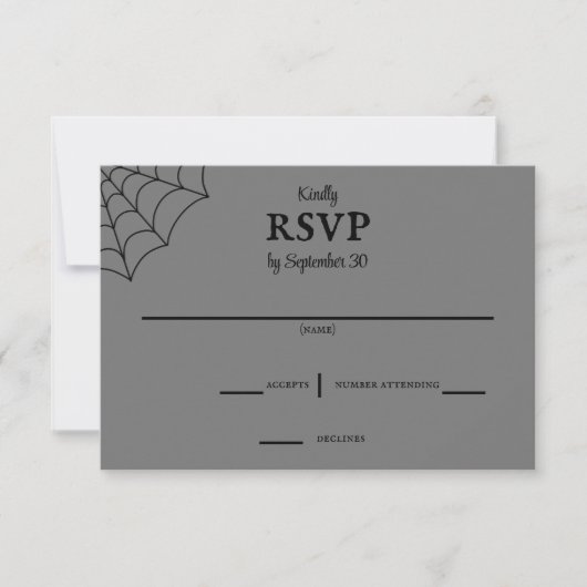 スパイダーウェブブラックとグレーのゴシック様式の結婚式RSVP 出欠カード (正面)