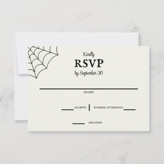 スパイダーウェブブラックとホワイトのゴシック様式の結婚式RSVP 出欠カード (正面)