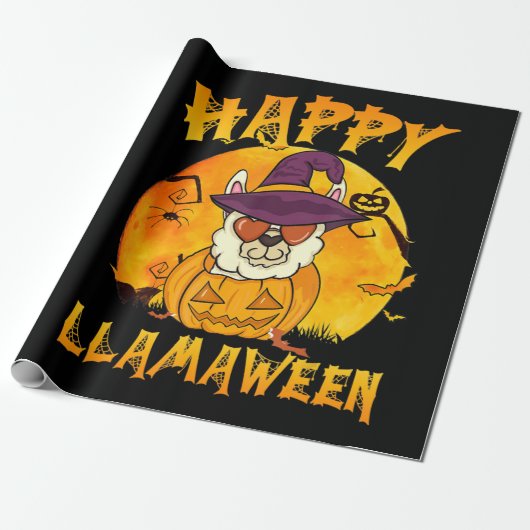 スパイダーギフト | Happy Llamween Llama Witch Spider ラッピングペーパー (アンロールド)