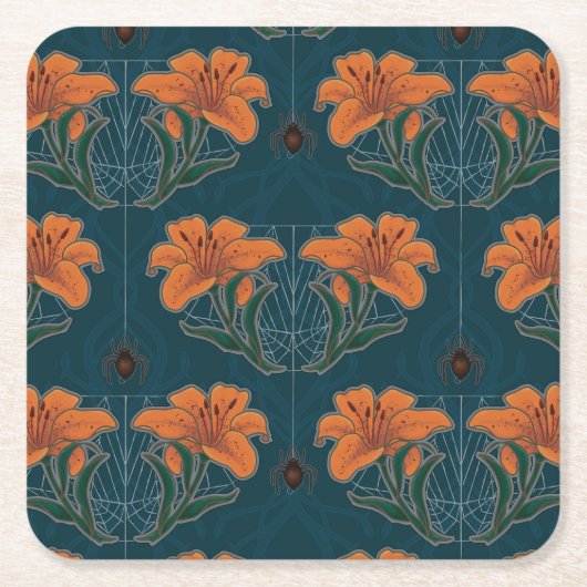 スパイダーズ&リリー不気味ハロウィーンヴィンテージパターン スクエアペーパーコースター (正面)