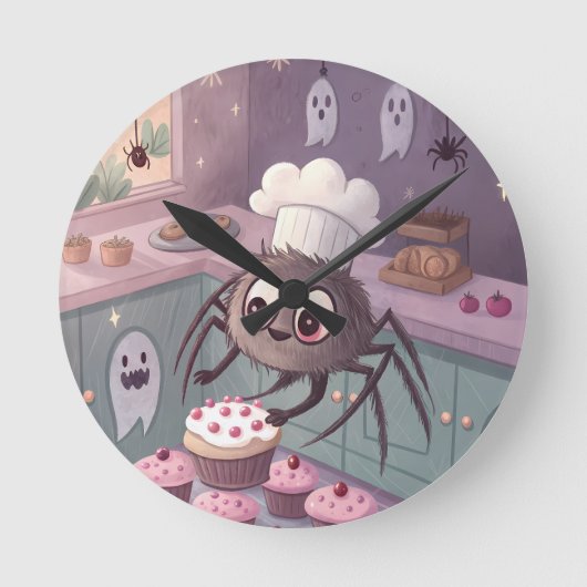 スパイダーベーカー | かわいいハロウィンポスター ラウンド壁時計 (正面)