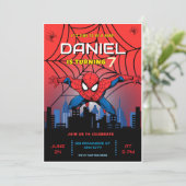 スパイダーマンのテーマの誕生日スーパーヒーロースパイダーパーティー 招待状 (スタンド正面)