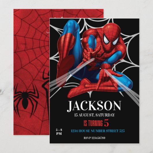 スパイダーマンのテーマの誕生日スーパーヒーロー・スパイダーパーティー 招待状 (正面/裏面)