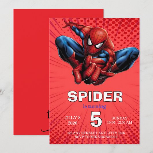 スパイダーマン テーマ 誕生日 スーパーヒーロー スパイダー パーティー 招待状 (正面/裏面)