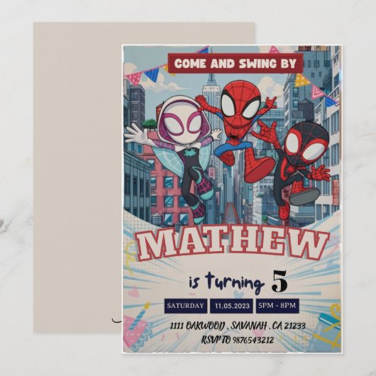 スパイダーマン テーマ 誕生日 スーパーヒーロー スパイダー パーティー 用 招待状 (正面/裏面)