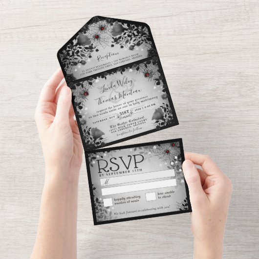 スパイダーラブグレー&ブラックゴシックフローラハロウィーン オールインワン招待状 (貼ってはがせる)