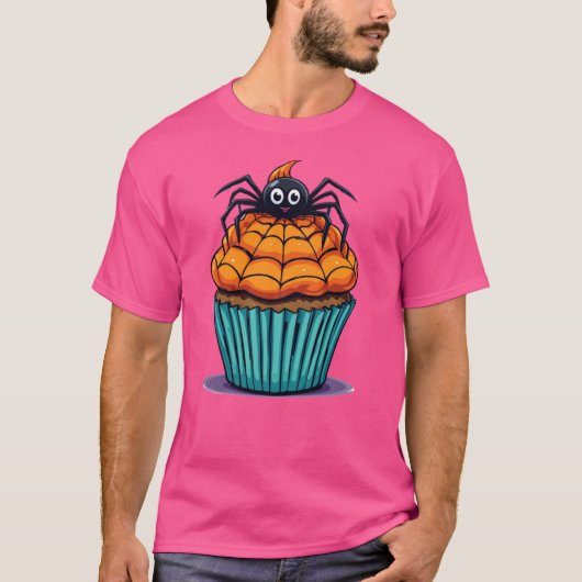 スパイダー付き可愛いハロウィーンカップケーキ – 漫画スタイル Tシャツ (正面)