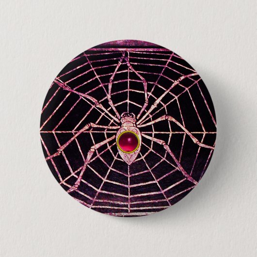 スパイダー及びくもの巣ピンク明るい赤紫色ルビーブラック 缶バッジ (正面)