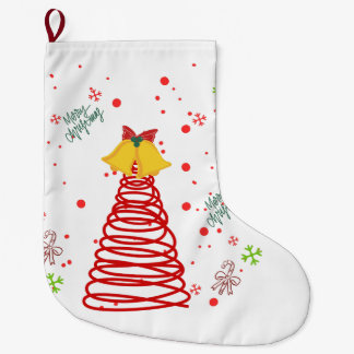 スパイラルクリスマスツリーとベルデザイン ラージクリスマスストッキング