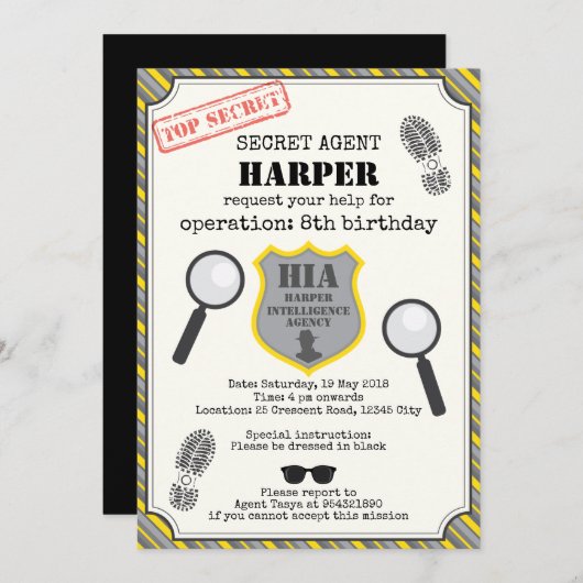 スパイ子供の誕生日招待状-ブラックイエロー 招待状 (正面/裏面)