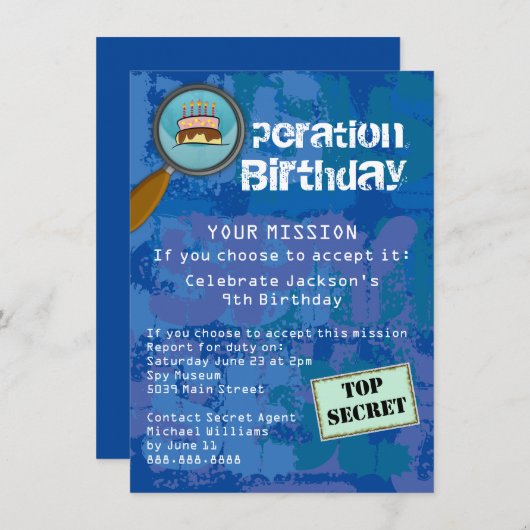 スパイ/秘密/特別代理店の誕生日パーティー 招待状 (正面/裏面)
