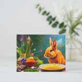 スパゲッティを盛ったボウルを持つウサギ ポストカード (スタンド正面)