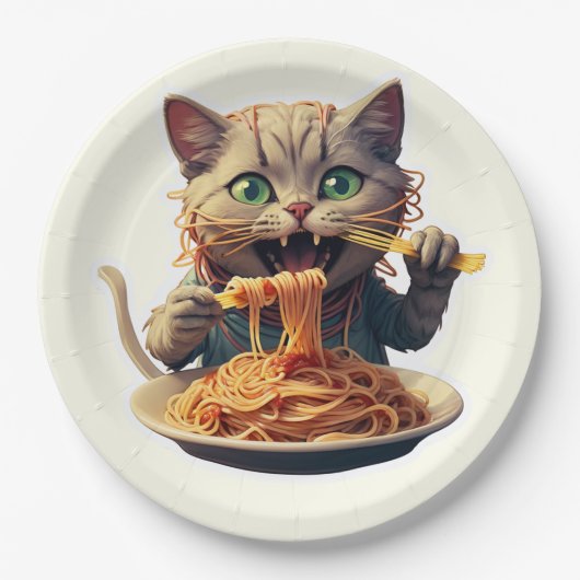 スパゲッティを食べる猫 ペーパープレート (正面)