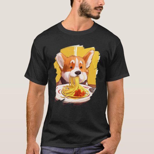 スパゲッティパスタを食べるコーギー 犬 イタリア料理 Tシャツ (正面)