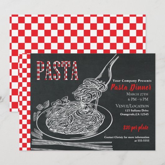 スパゲッティパスタ ラスティック チョーク イベント 夕食会 招待状 (正面/裏面)