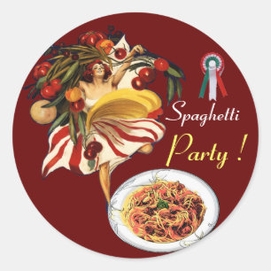 スパゲッティパーティーのダンス、イタリアンな台所およびトマト ラウンドシール
