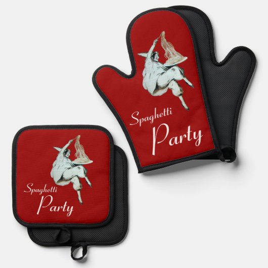 スパゲッティパーティーイタリアン、キッチンディナー招待状 鍋つかみ&鍋敷きセット (正面/裏面)