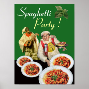 スパゲッティパーティー イタリアンシェフとプルチネッラ グリーン ポスター