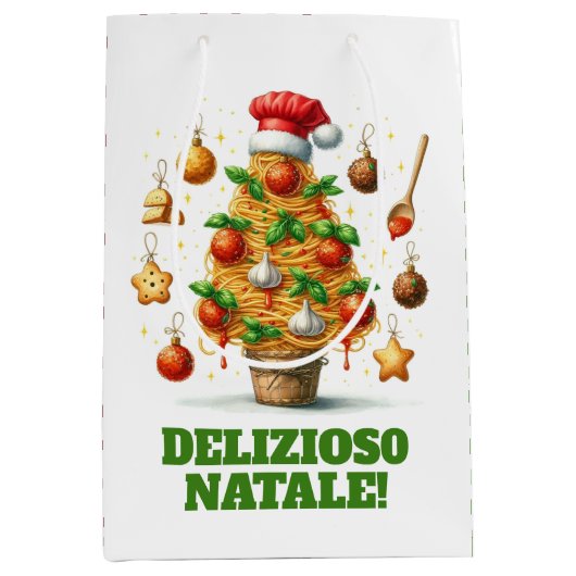 スパゲティおもしろいクリスマスツリーDelizioso Natale! ミディアムペーパーバッグ (正面)