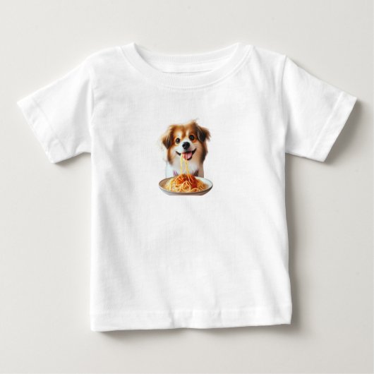 スパゲティ好きの犬Tシャツ ベビーTシャツ (正面)